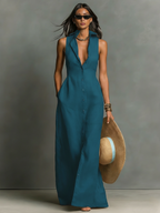 Eulalie - Maxi blousejurk mouwloos van linnenmix met kraag dames