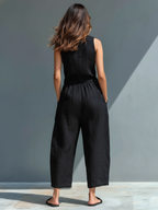 Gabrielle - Jumpsuit linnen mouwloos met opstaande kraag en knopen dames