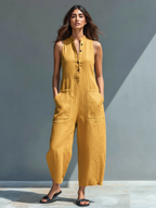 Gabrielle - Jumpsuit linnen mouwloos met opstaande kraag en knopen dames