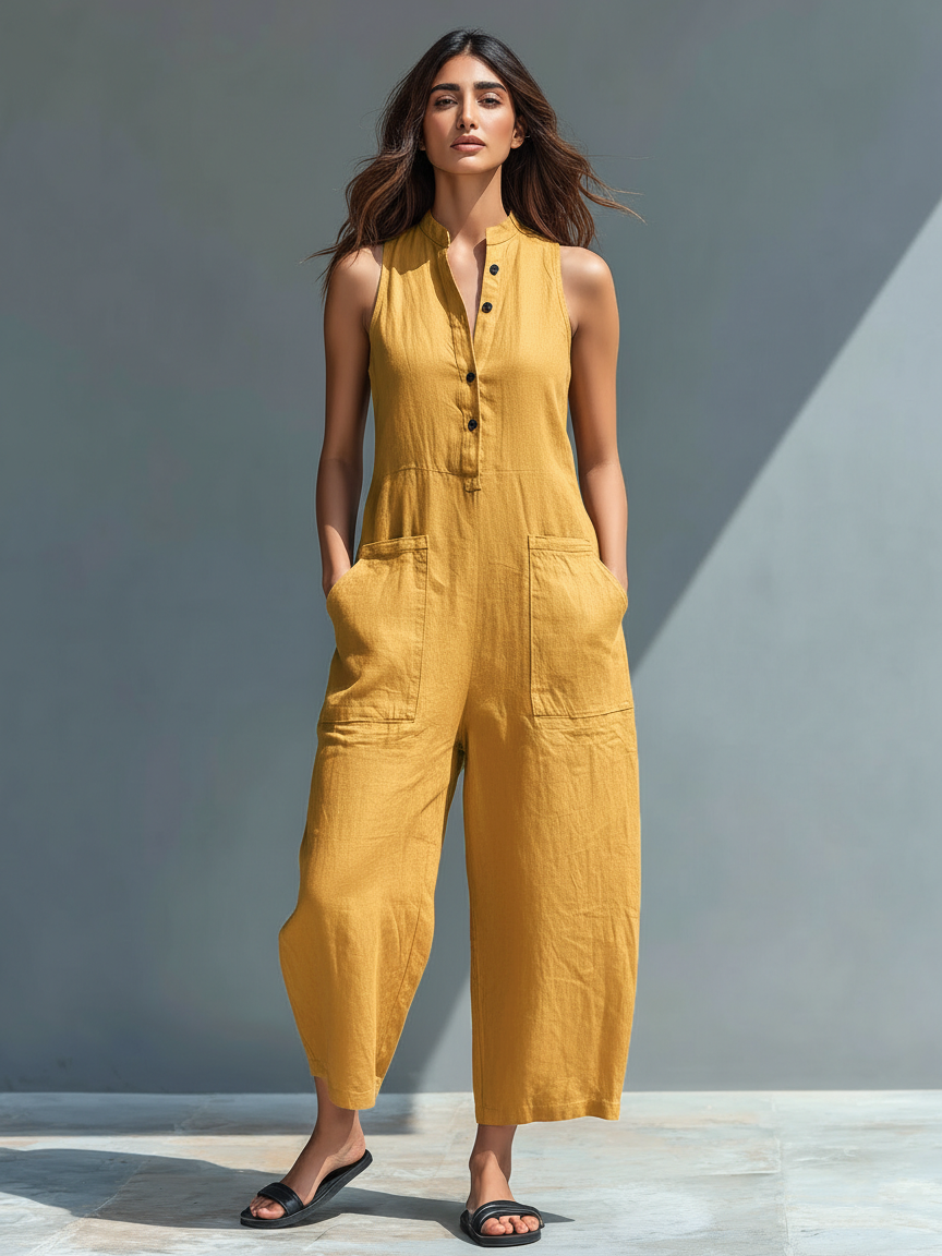 Gabrielle - Jumpsuit linnen mouwloos met opstaande kraag en knopen dames