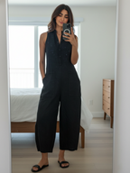 Gabrielle - Jumpsuit linnen mouwloos met opstaande kraag en knopen dames