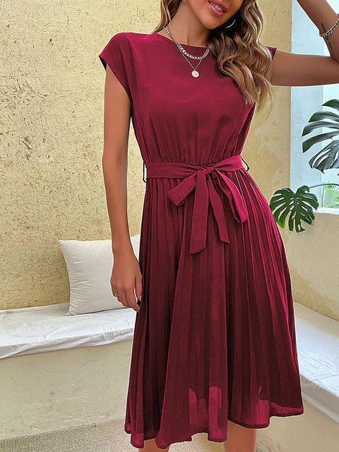 Elodie - Midi geplooide jurk met korte mouwen dames