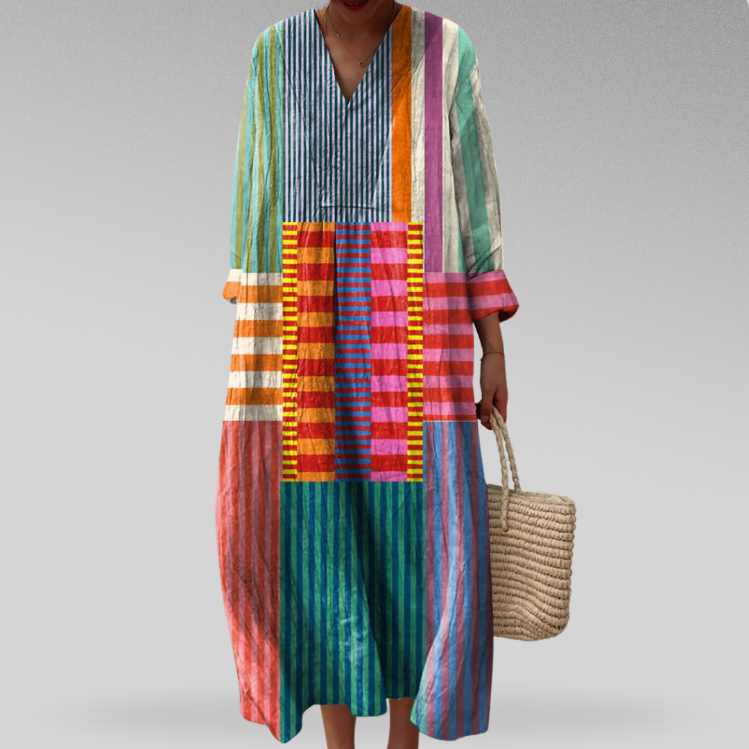 Maxi-jurk dames van linnen, oversized met color block-strepen, V-hals en lange mouwen
