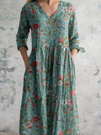 Maxi-jurk dames van katoen met bloemenprint, V-hals en zakken