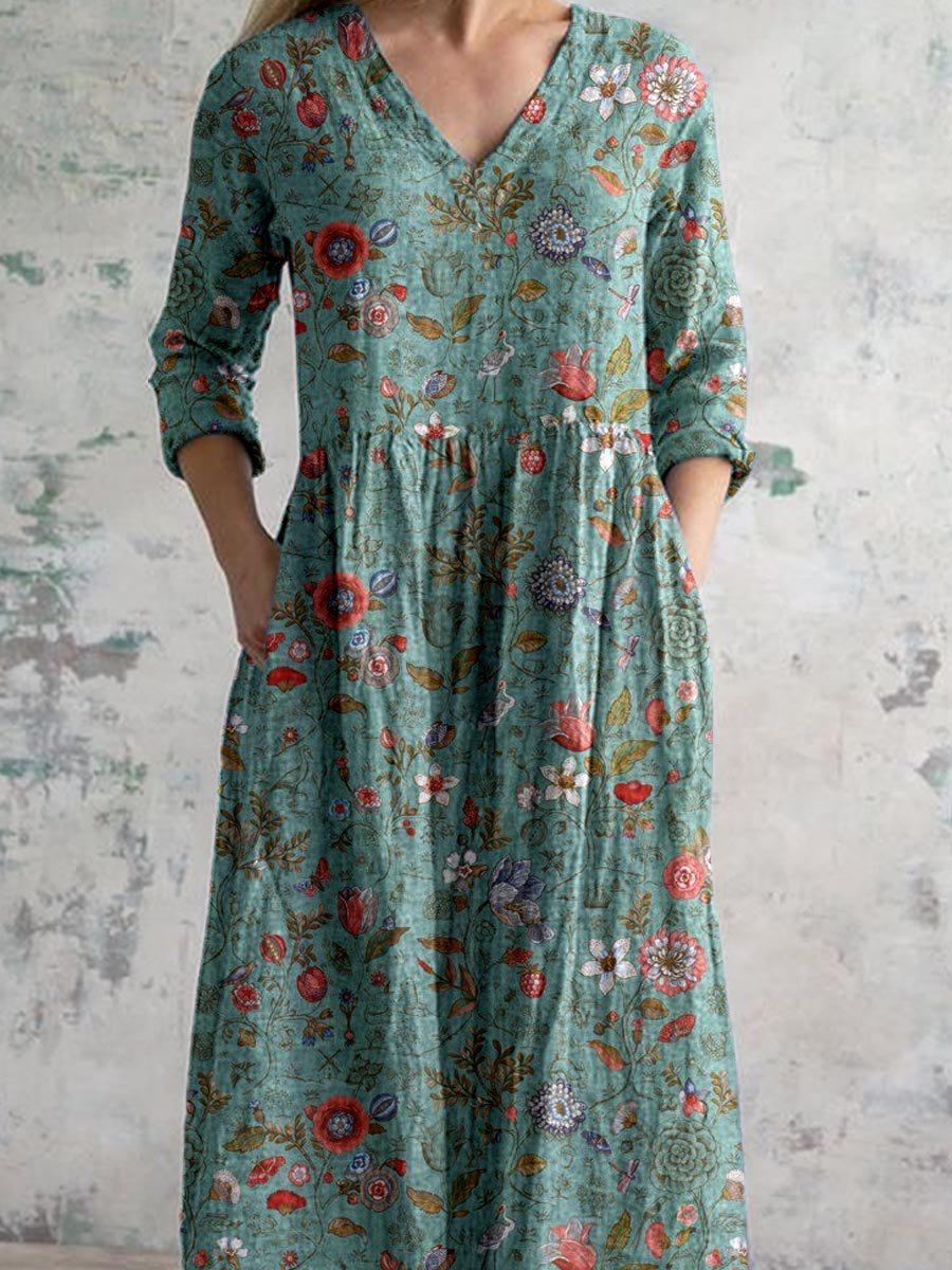 Maxi-jurk dames van katoen met bloemenprint, V-hals en zakken