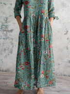 Maxi-jurk dames van katoen met bloemenprint, V-hals en zakken