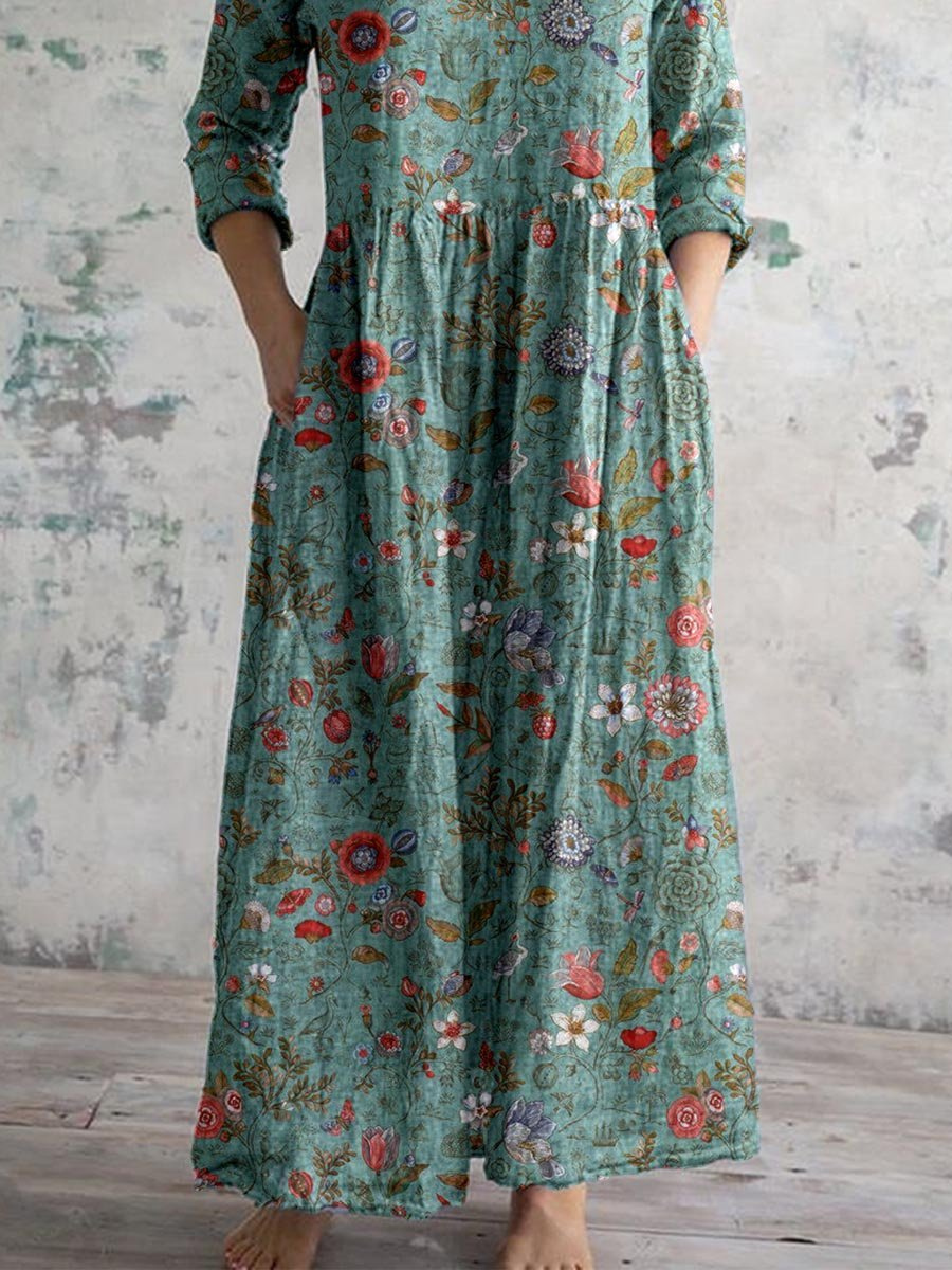Maxi-jurk dames van katoen met bloemenprint, V-hals en zakken