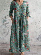 Maxi-jurk dames van katoen met bloemenprint, V-hals en zakken