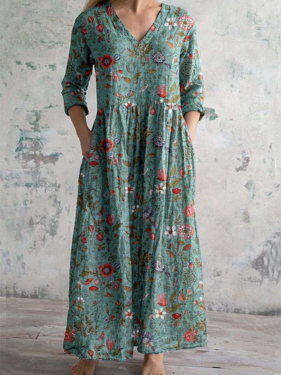 Maxi-jurk dames van katoen met bloemenprint, V-hals en zakken
