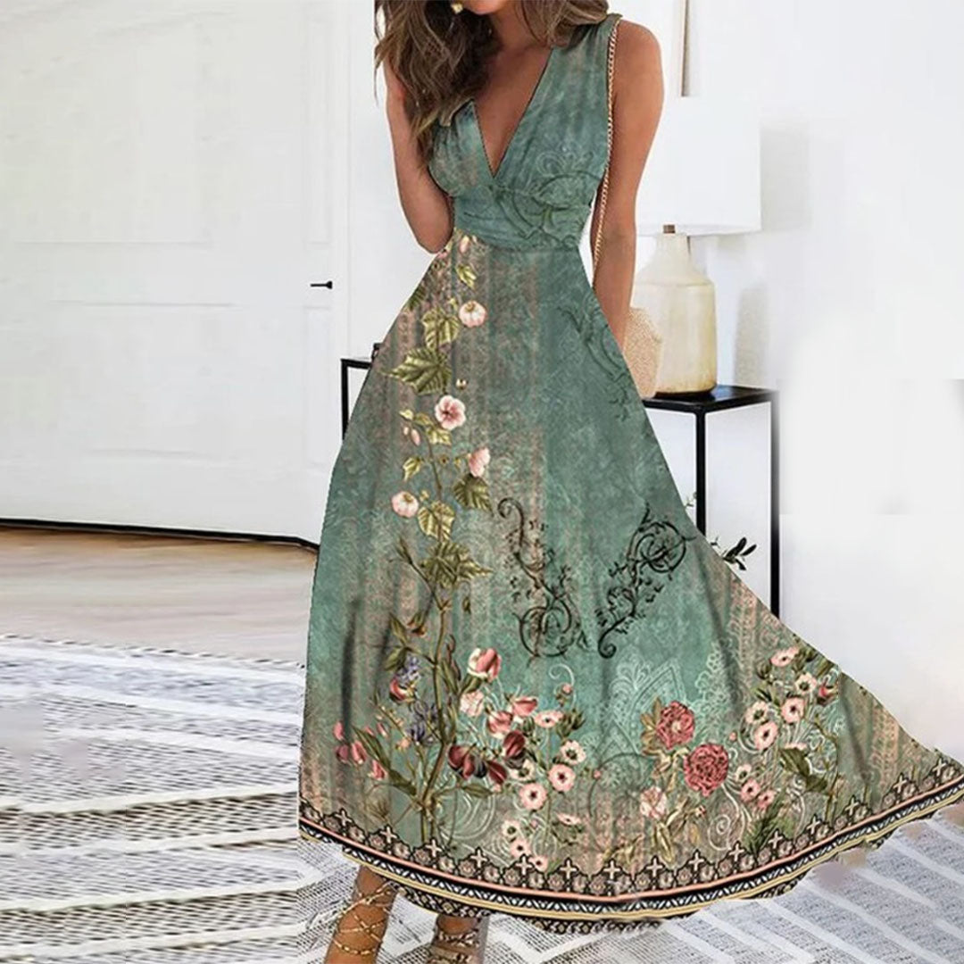 Iris - Luchtige maxi zomerjurk met diepe V-hals en bloemenprint dames