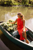 Mouwloze midi jurk dames met hoge hals en split