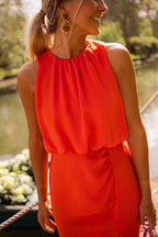 Mouwloze midi jurk dames met hoge hals en split