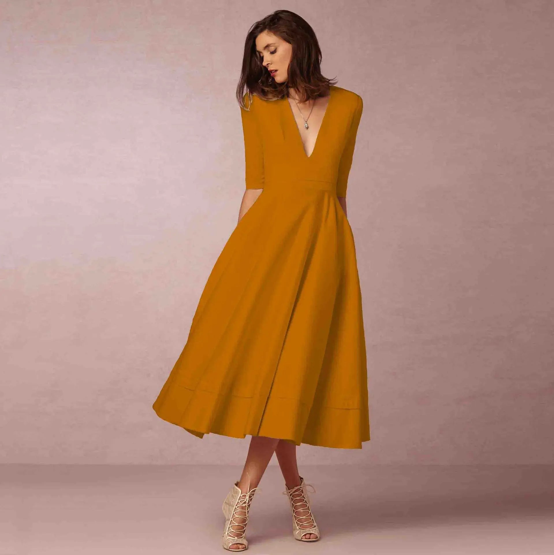 Constance - Midi zomerjurk met V-hals en driekwartmouwen dames