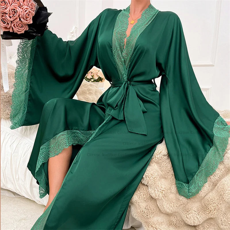 Isaline - Lange kanten kimono met ceintuur en wijde mouwen dames
