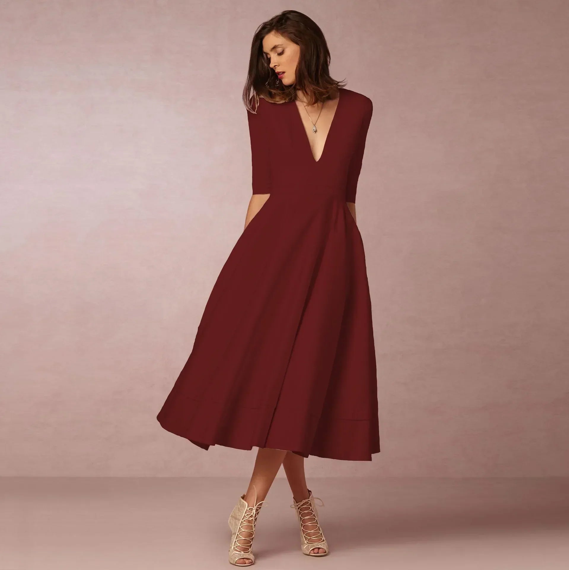 Constance - Midi zomerjurk met V-hals en driekwartmouwen dames