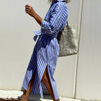 Margot - Gestreepte midi blousejurk met lange mouwen dames