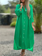 Katoenen maxi jurk dames met lange mouwen en knoopsluiting