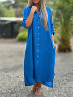 Katoenen maxi jurk dames met lange mouwen en knoopsluiting