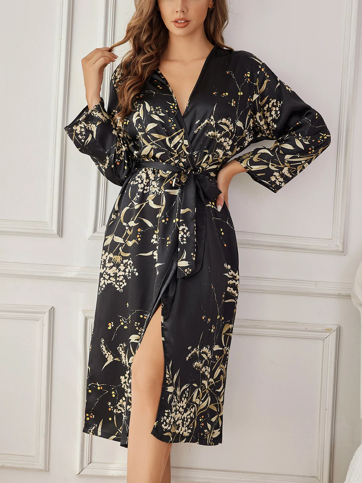 Aureline - Bloemenprint badjas met ceintuur en lange mouwen dames