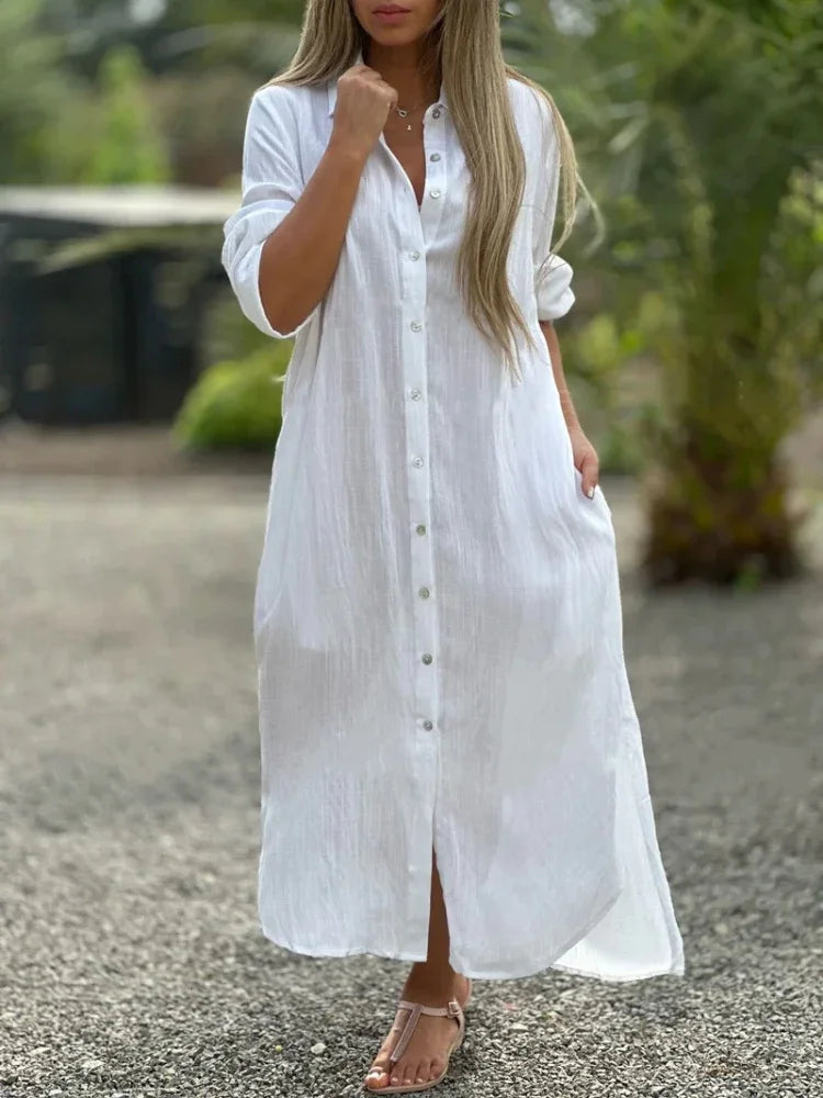 Katoenen maxi jurk dames met lange mouwen en knoopsluiting