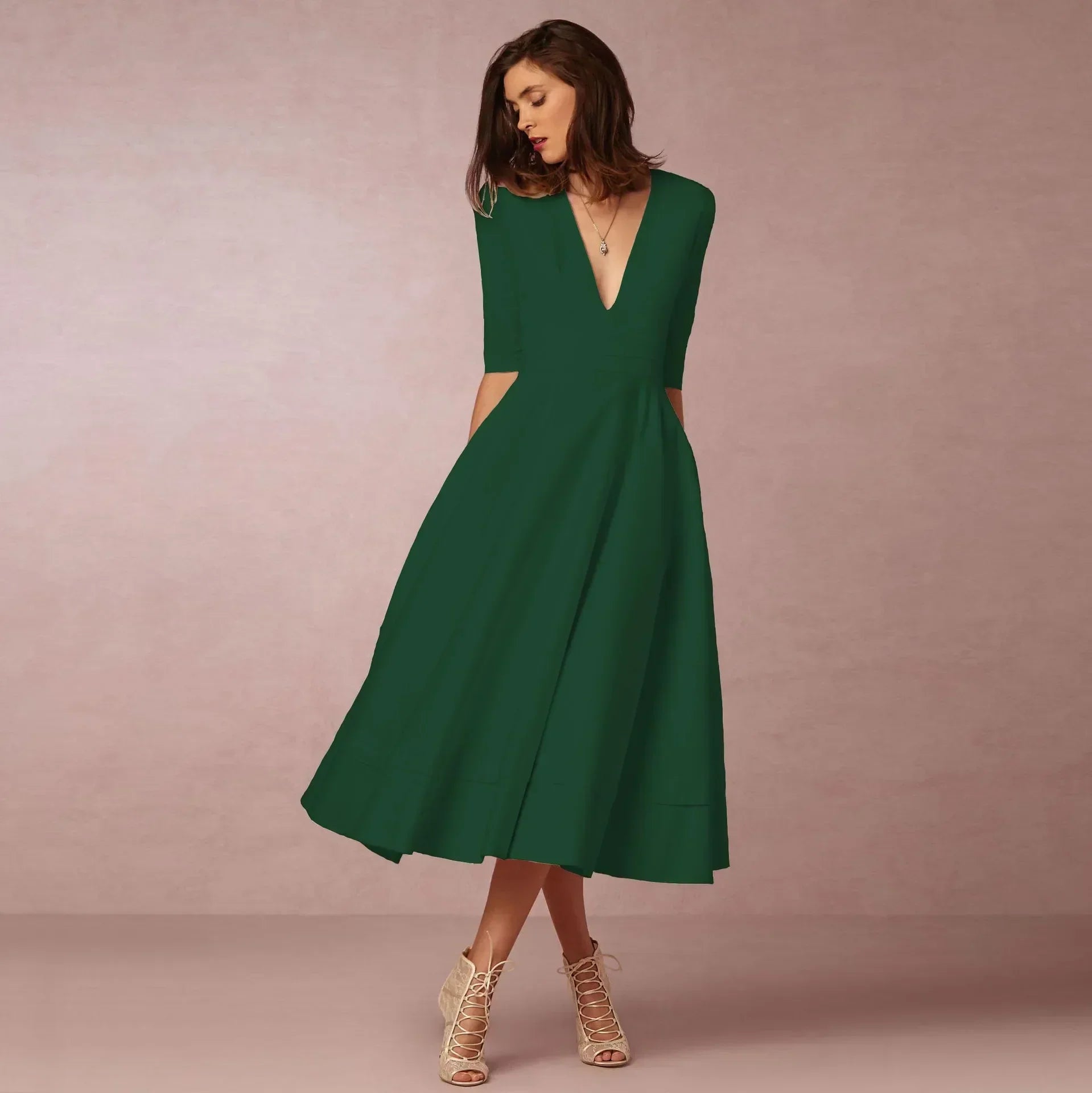 Constance - Midi zomerjurk met V-hals en driekwartmouwen dames