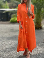 Katoenen maxi jurk dames met lange mouwen en knoopsluiting