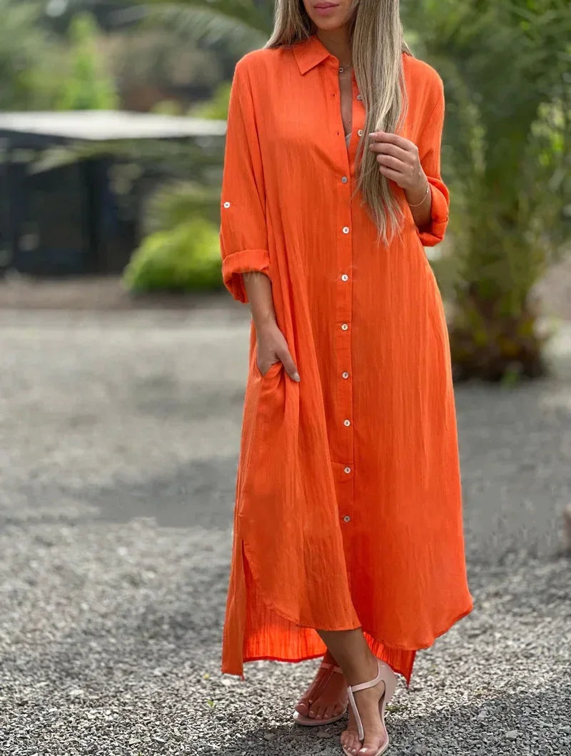 Katoenen maxi jurk dames met lange mouwen en knoopsluiting