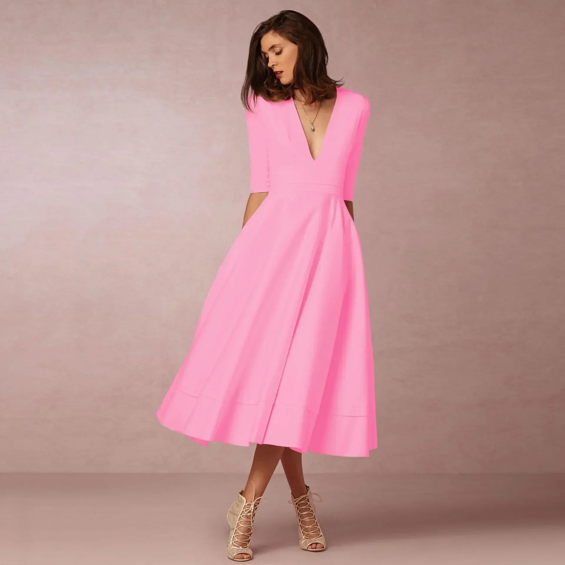 Constance - Midi zomerjurk met V-hals en driekwartmouwen dames