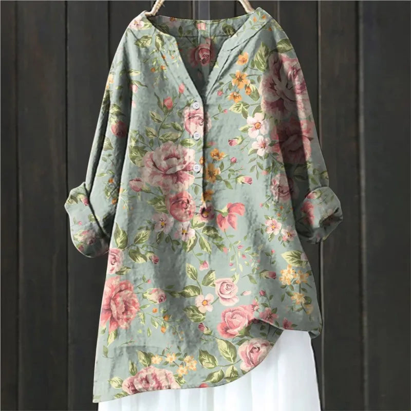 Maelle - Blouse met bloemenprint en halve knoopsluiting met lange mouwen dames