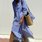 Margot - Gestreepte midi blousejurk met lange mouwen dames