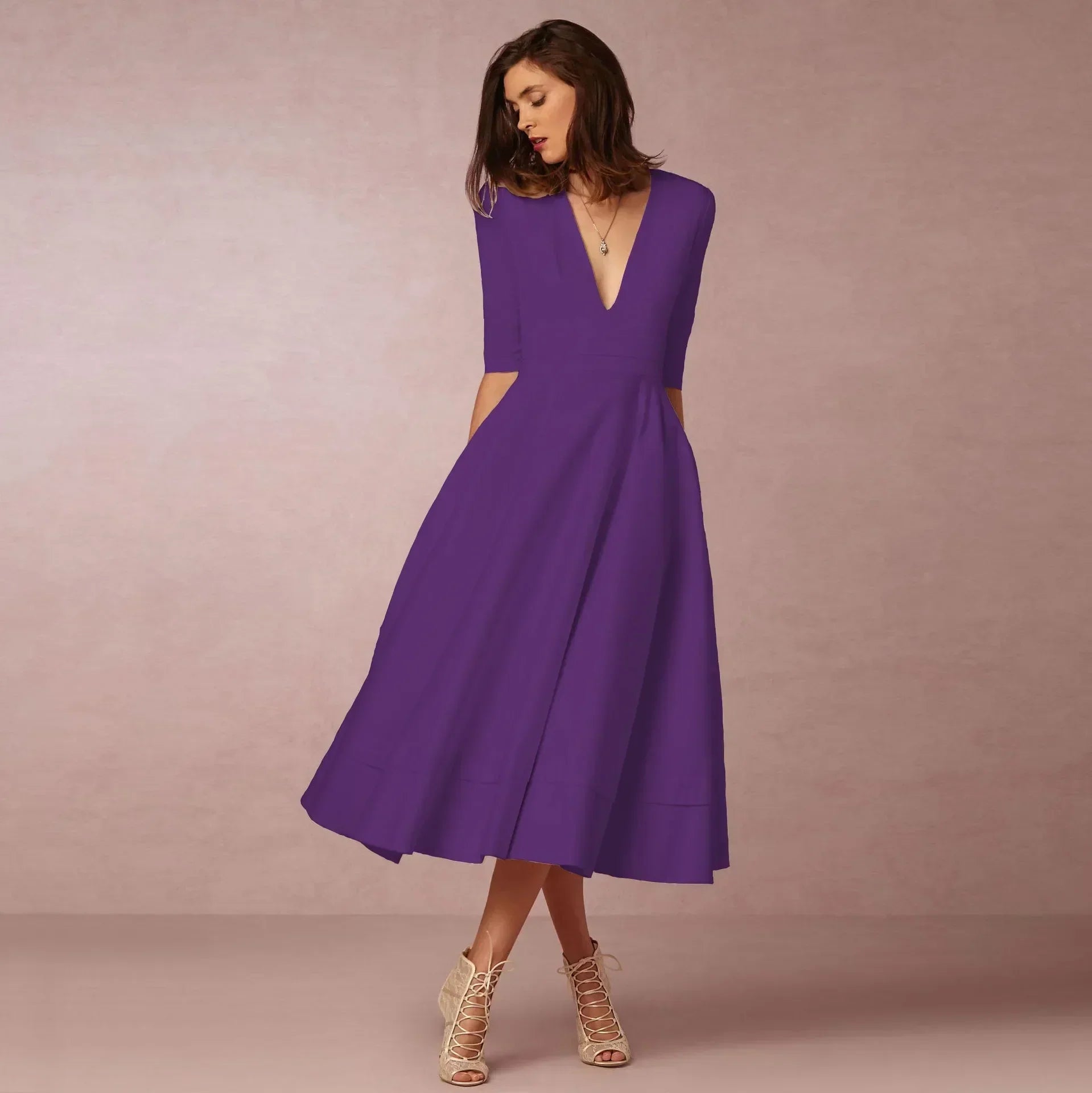 Constance - Midi zomerjurk met V-hals en driekwartmouwen dames