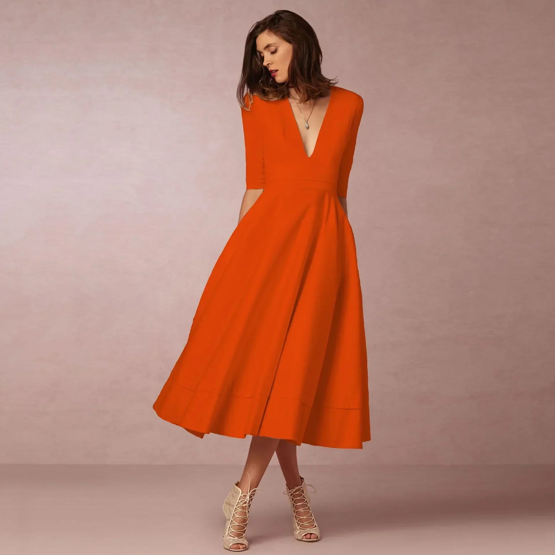 Constance - Midi zomerjurk met V-hals en driekwartmouwen dames