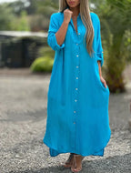 Katoenen maxi jurk dames met lange mouwen en knoopsluiting