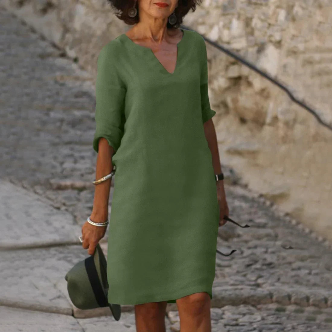 Giovanna - Midi jurk met V-hals en driekwart mouwen dames
