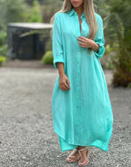 Katoenen maxi jurk dames met lange mouwen en knoopsluiting