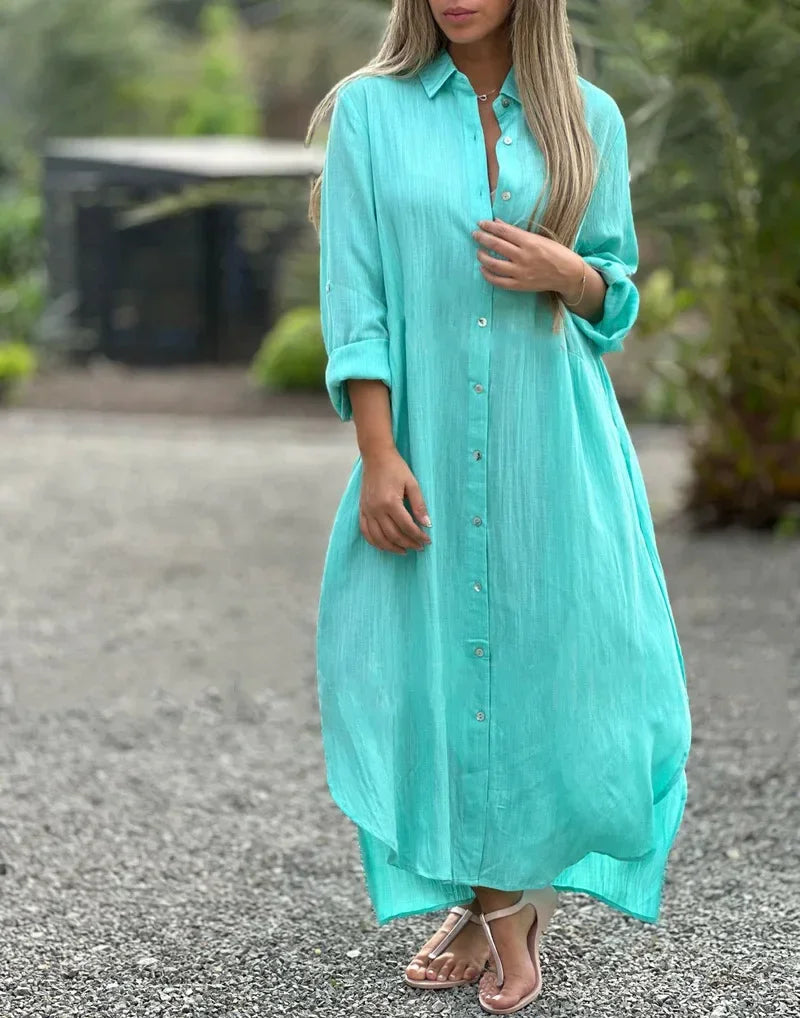 Katoenen maxi jurk dames met lange mouwen en knoopsluiting
