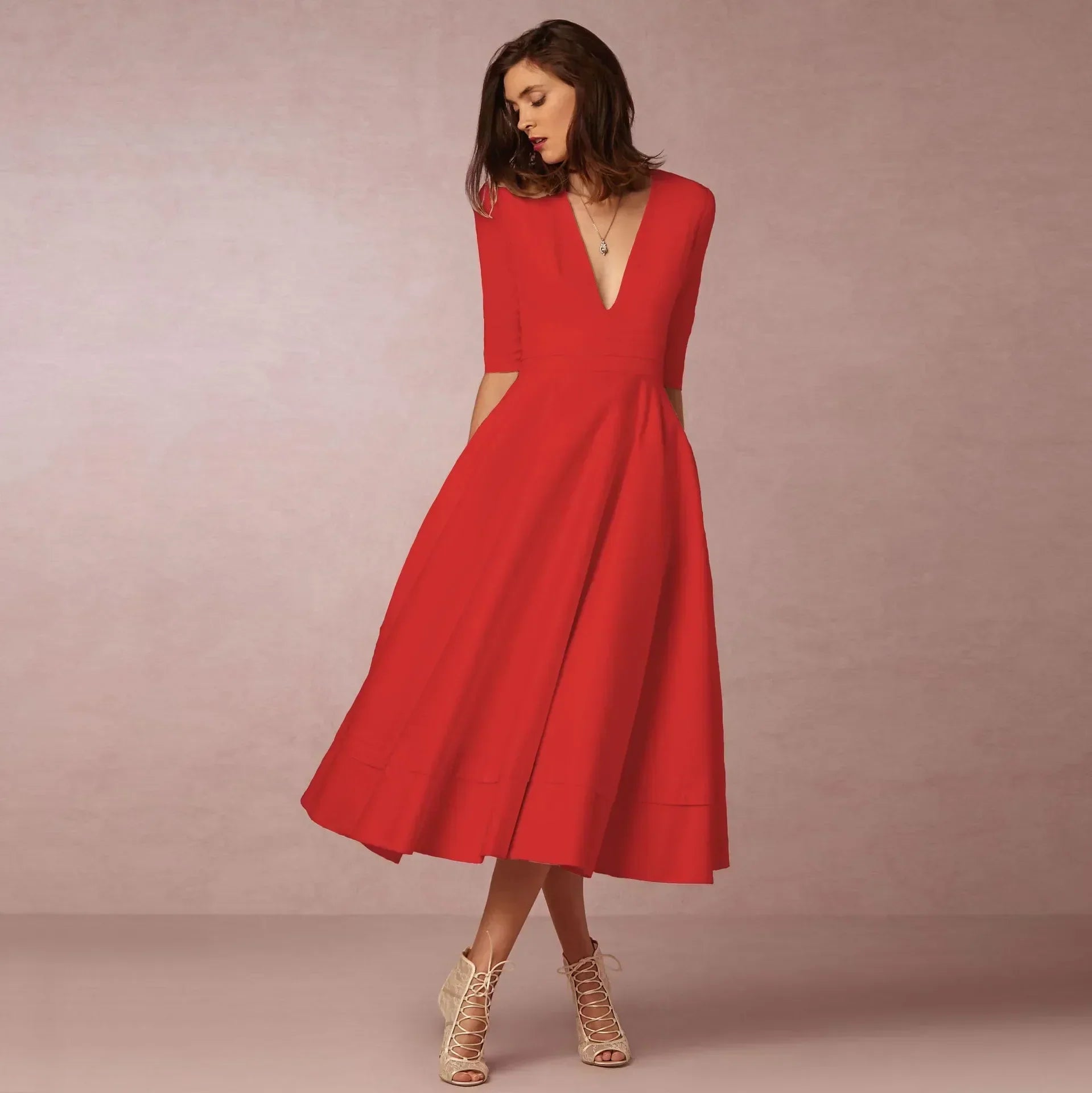 Constance - Midi zomerjurk met V-hals en driekwartmouwen dames