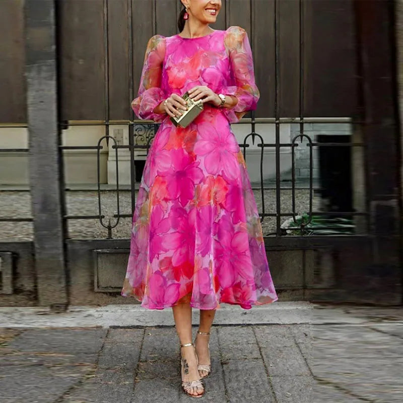 Ameline - Midi jurk met roze en blauwe bloemenprint dames