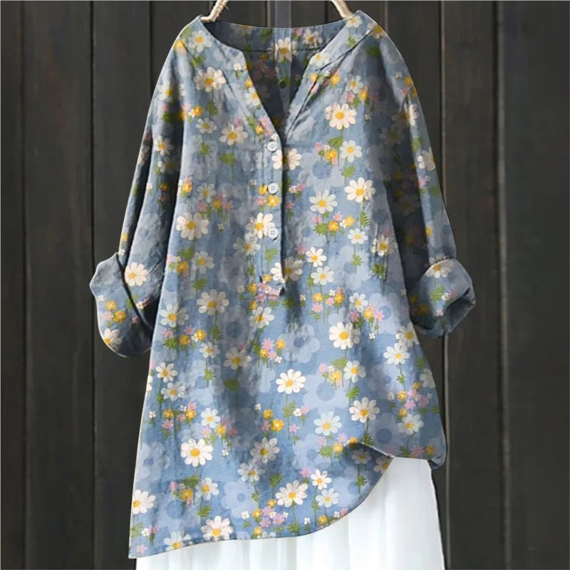 Maelle - Blouse met bloemenprint en halve knoopsluiting met lange mouwen dames