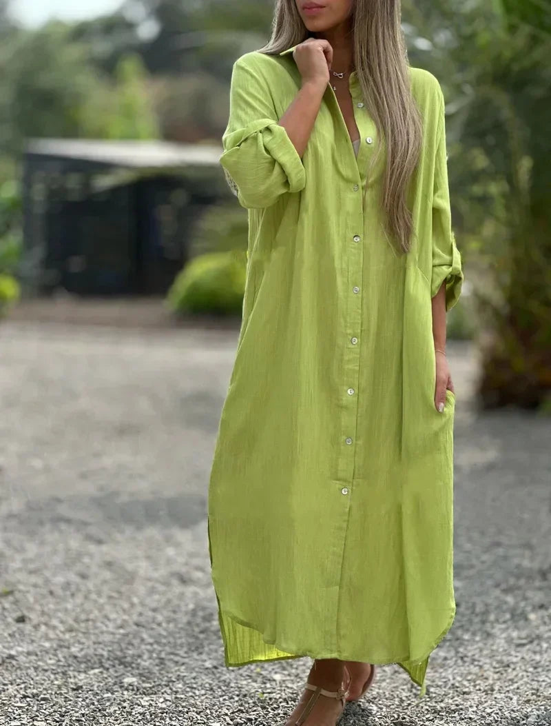 Katoenen maxi jurk dames met lange mouwen en knoopsluiting
