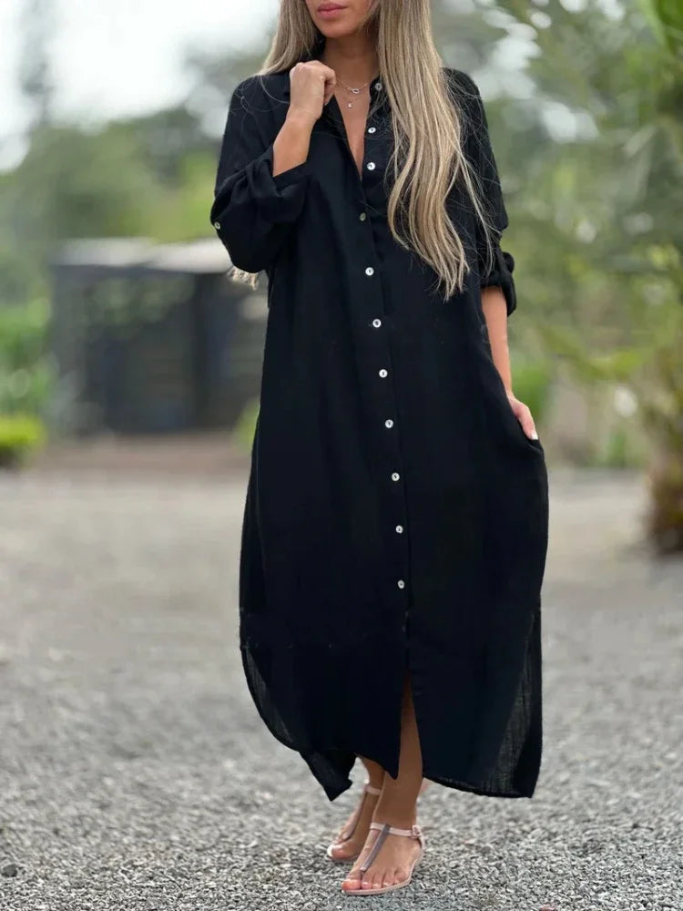 Katoenen maxi jurk dames met lange mouwen en knoopsluiting