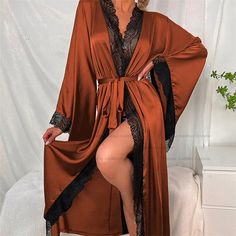 Isaline - Lange kanten kimono met ceintuur en wijde mouwen dames
