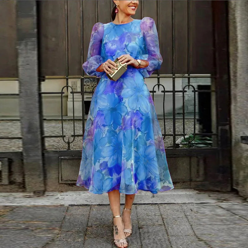 Ameline - Midi jurk met roze en blauwe bloemenprint dames