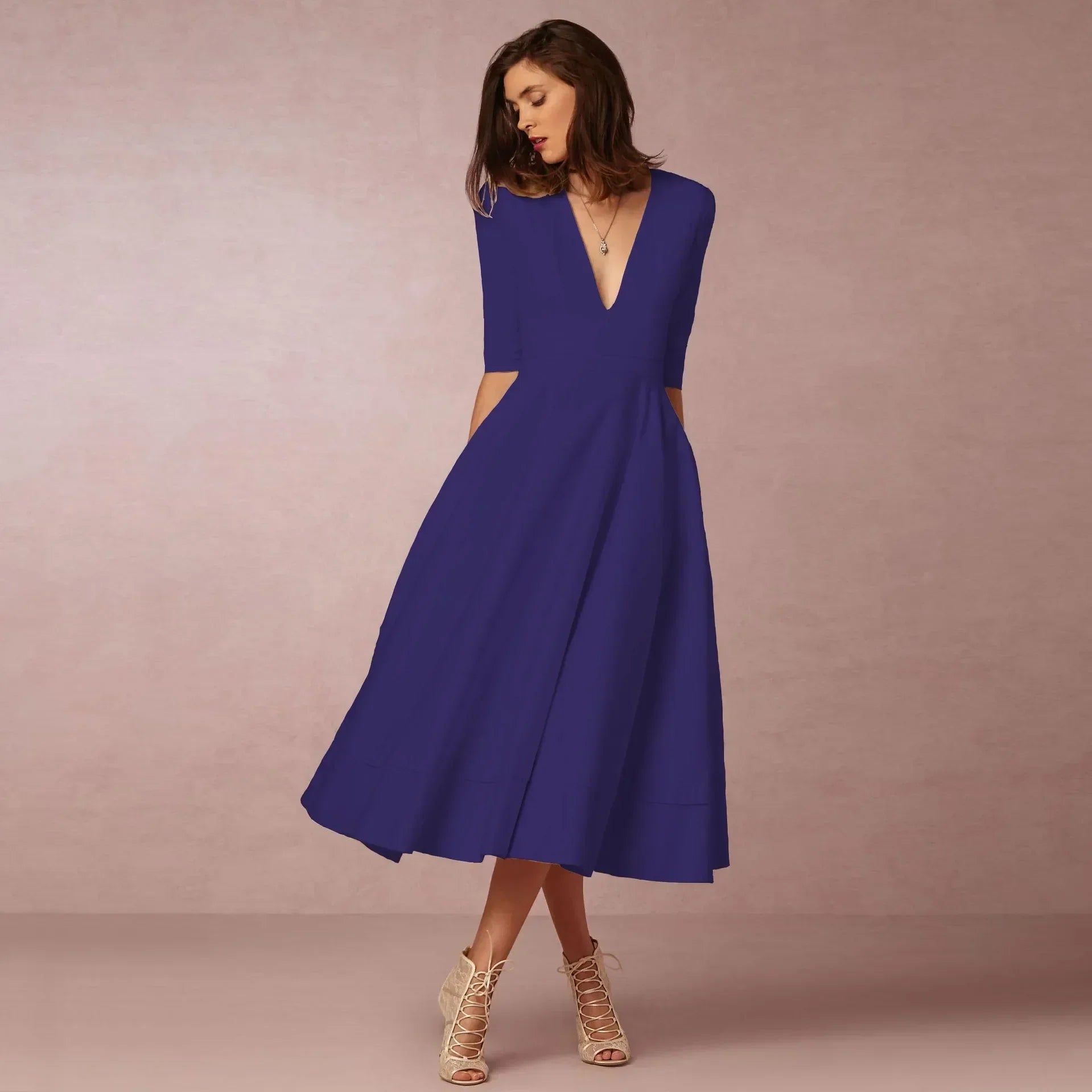Constance - Midi zomerjurk met V-hals en driekwartmouwen dames