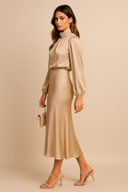 Leana - Midi jurk met opstaande kraag en hoge taille dames