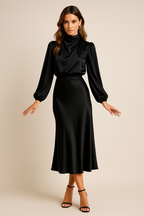 Leana - Midi jurk met opstaande kraag en hoge taille dames