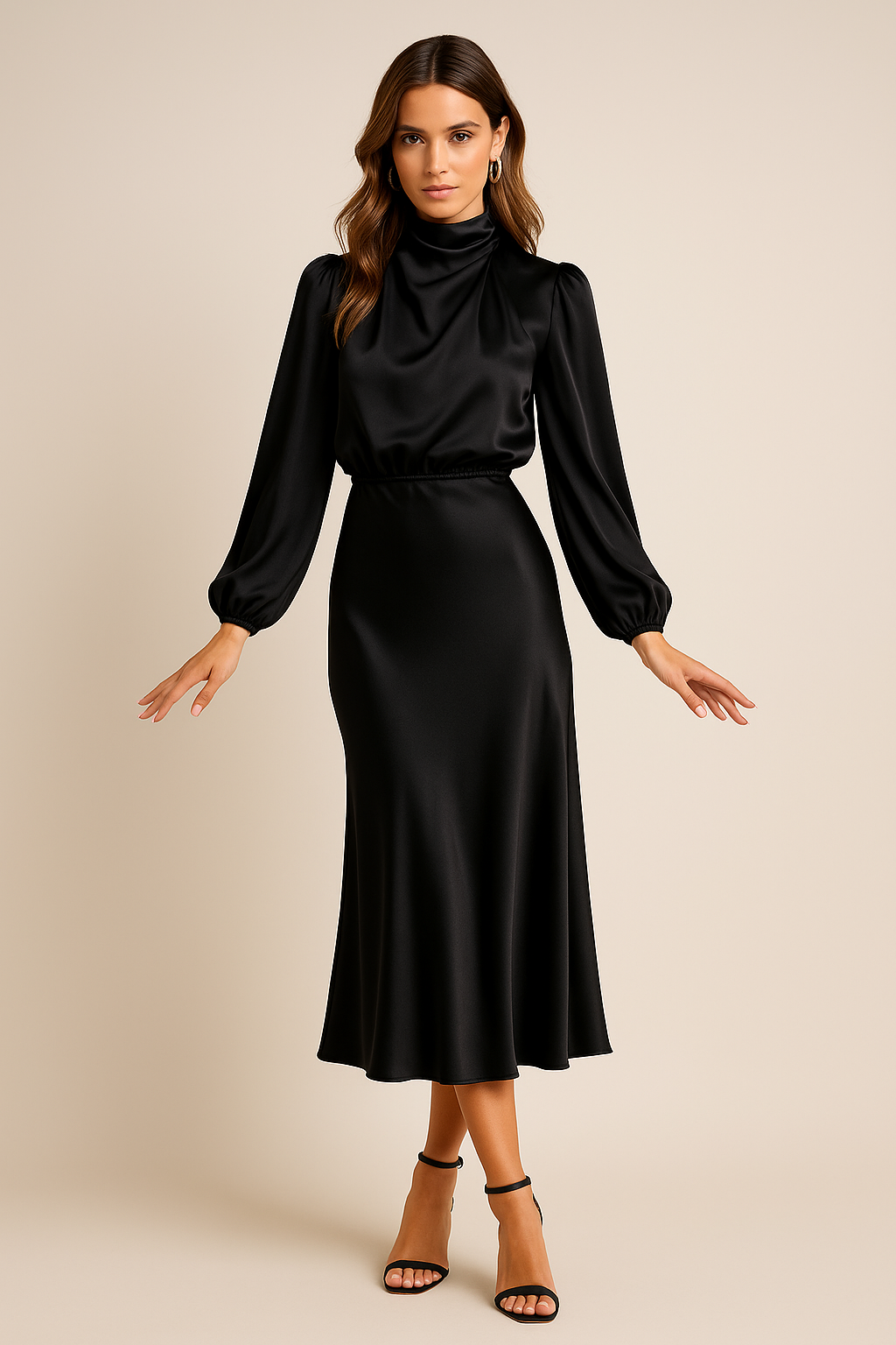 Leana - Midi jurk met opstaande kraag en hoge taille dames