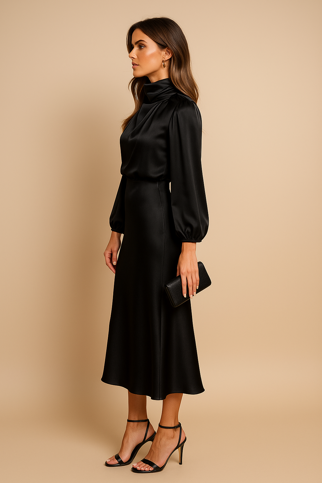 Leana - Midi jurk met opstaande kraag en hoge taille dames