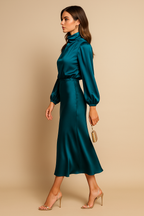 Leana - Midi jurk met opstaande kraag en hoge taille dames