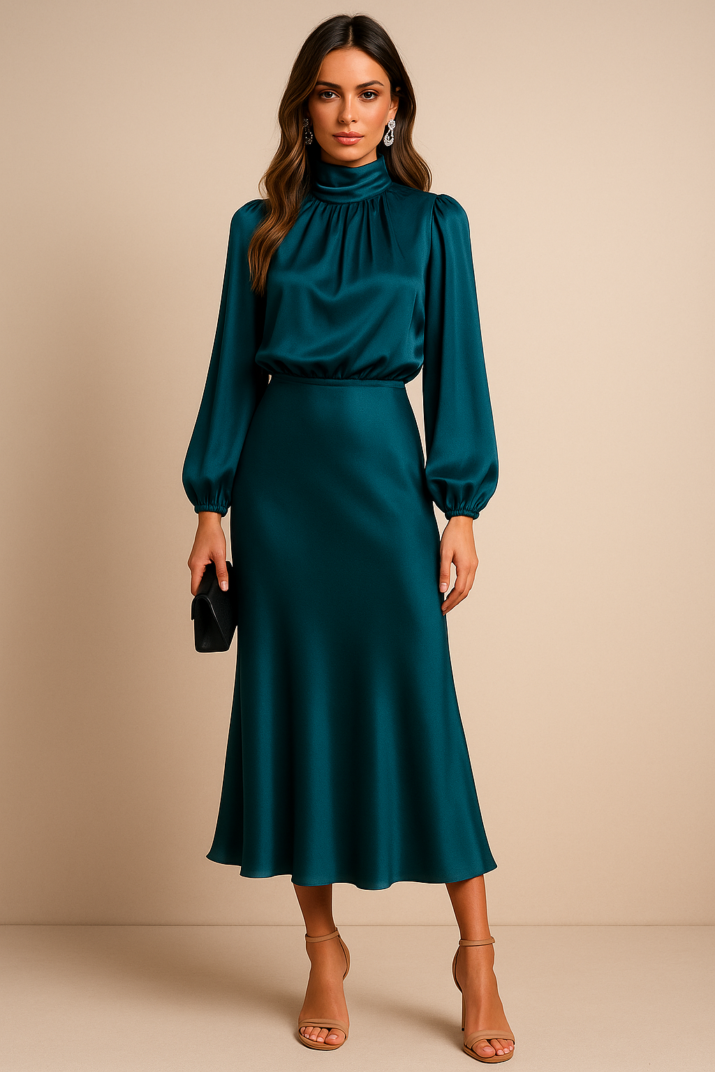 Leana - Midi jurk met opstaande kraag en hoge taille dames